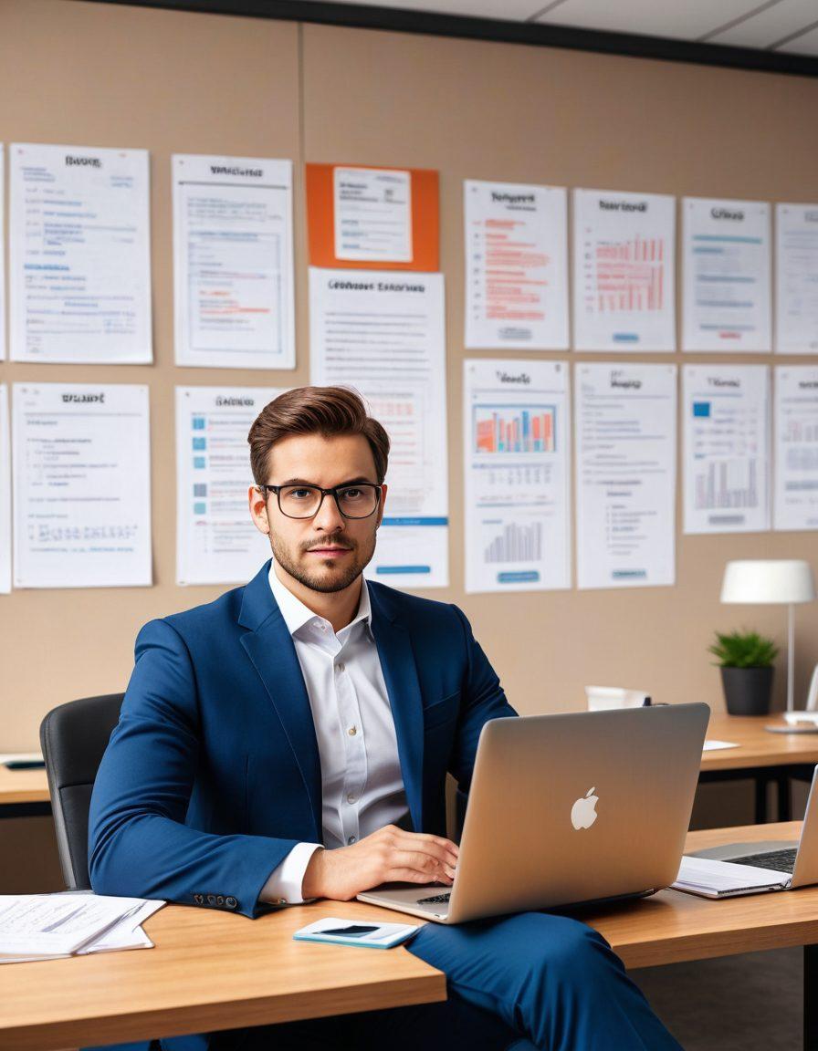 A confident job seeker in business attire sitting at a desk, surrounded by a laptop and a smartphone displaying various job portals like Rojgar Portals. The background features a sleek office space with bulletin boards filled with job listings and strategic planning notes. The image should have a professional yet dynamic feel, highlighting determination and opportunity. super-realistic. vibrant colors.