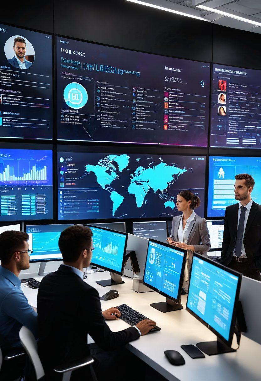 A busy digital dashboard filled with job listings, candidates' profile photos, and hiring notifications on a sleek computer screen, people engaged in discussions around the screen, data charts and analytics in the background emphasizing success. super-realistic. vibrant colors. professional setting.