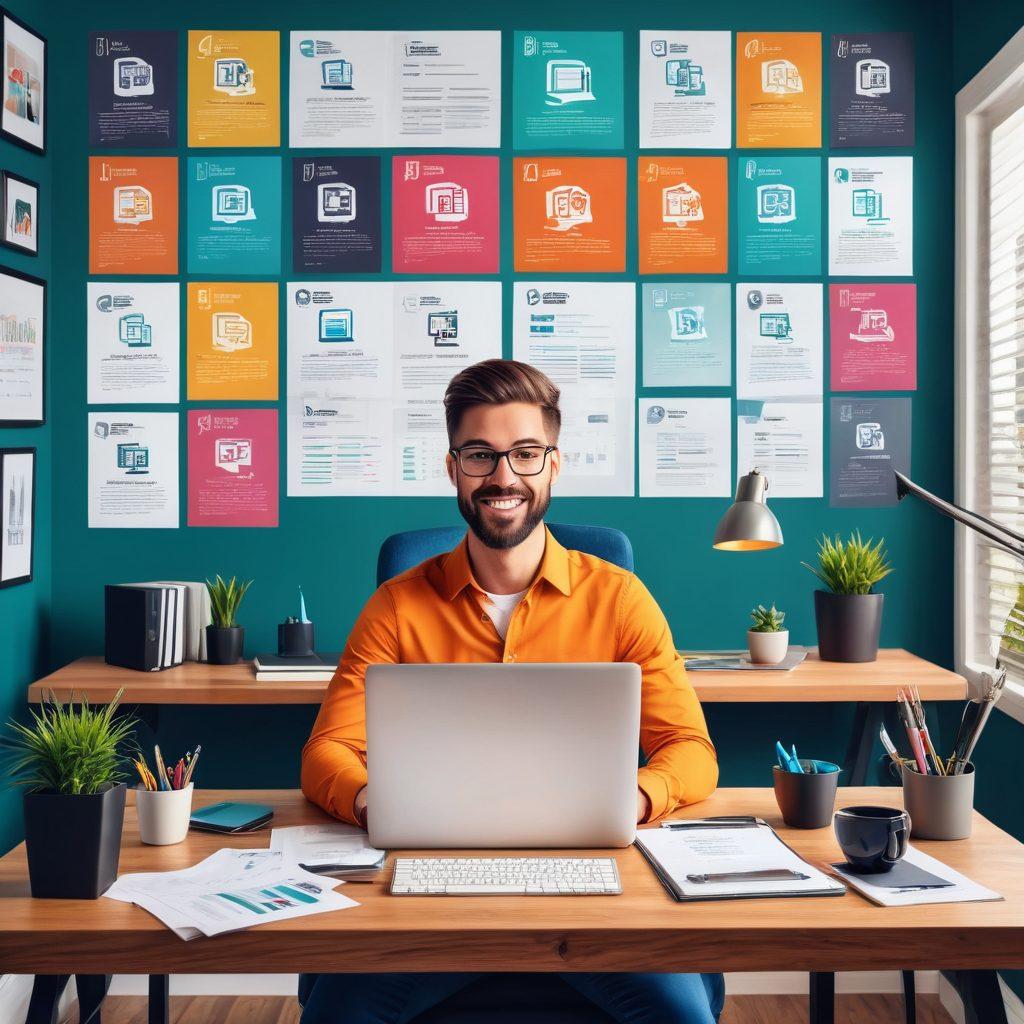 An enthusiastic job seeker sitting at a desk, surrounded by various digital devices with job listing websites (Rojgar Sites) on screens. The figure is depicted in a modern, sleek home office environment with motivational posters on the walls. Integrate diverse job industry icons floating above the desk. vector art. vibrant colors.